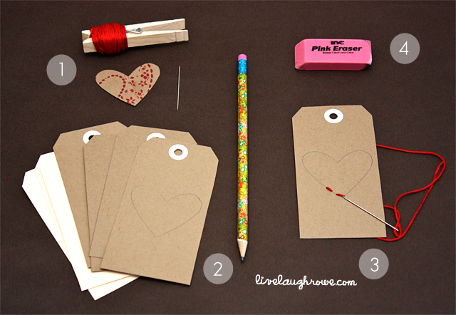 Supplies and Steps for Stitched Heart Tags with LiveLaughRowe.com #crafts #hearts stitched heart tags